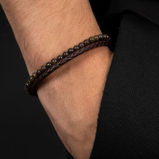 SAVE BRAVE MEN'S TYLER 2-STRAND BROWN LEATHER TIGER EYE BEAD BRACELET