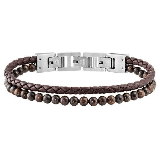 SAVE BRAVE MEN'S TYLER 2-STRAND BROWN LEATHER TIGER EYE BEAD BRACELET