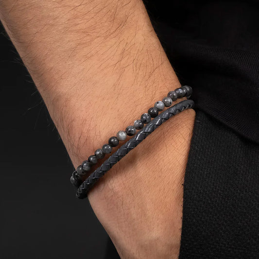 SAVE BRAVE MEN'S TYLER 2-STRAND GREY LEATHER AGATE BEAD BRACELET