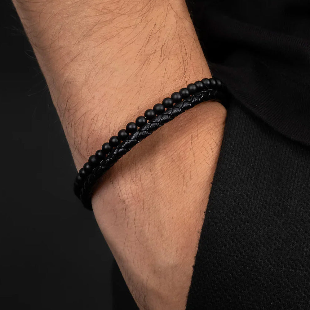 SAVE BRAVE MEN'S TYLER 2-STRAND BLACK LEATHER ONYX BEAD BRACELET