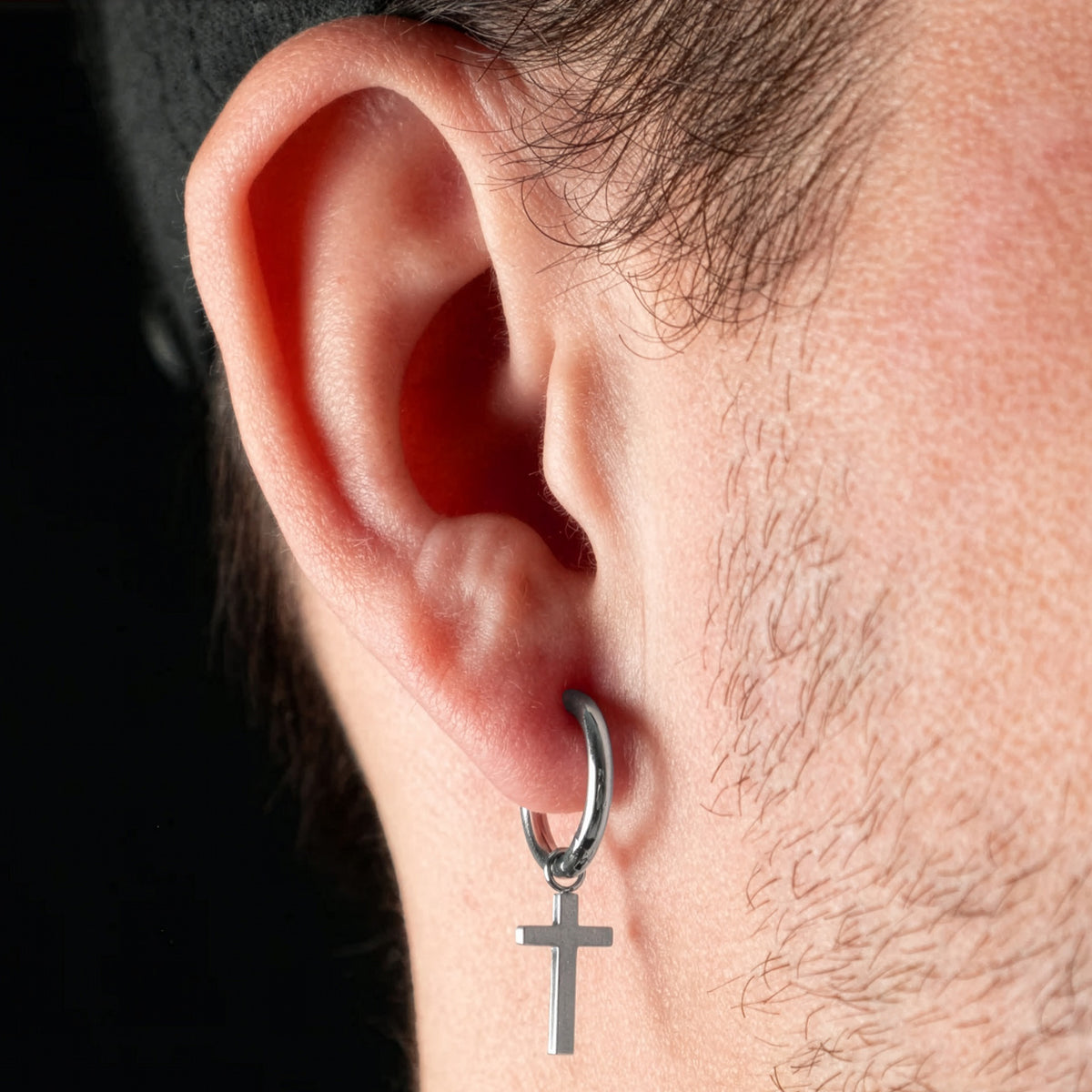 SAVE BRAVE DANGLE CROSS HUGGIE HOOP MEN'S EARRING