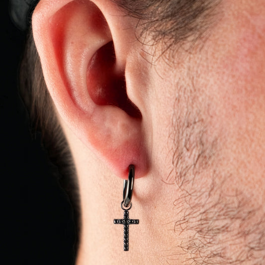 SAVE BRAVE BLACK CZ DANGLE CROSS HUGGIE HOOP MEN'S EARRING