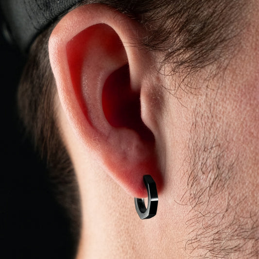 SAVE BRAVE BLACK HEXAGONAL NUT HUGGIE HOOP MEN'S EARRING