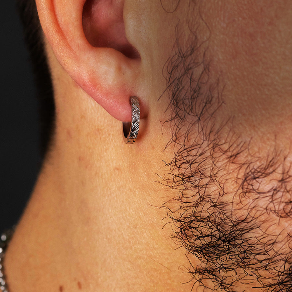 SAVE BRAVE WEAVE CHECKER PLATE HUGGIE HOOP MEN'S EARRING