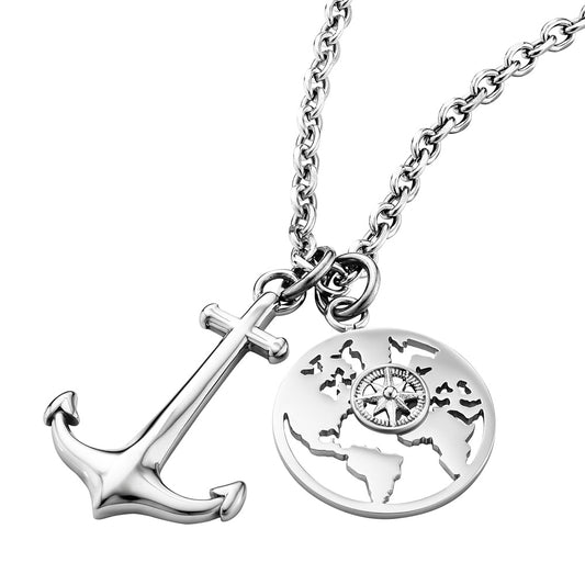 SAVE BRAVE ANCHOR WORLD COMPASS TALISMAN STEEL NECKLACE