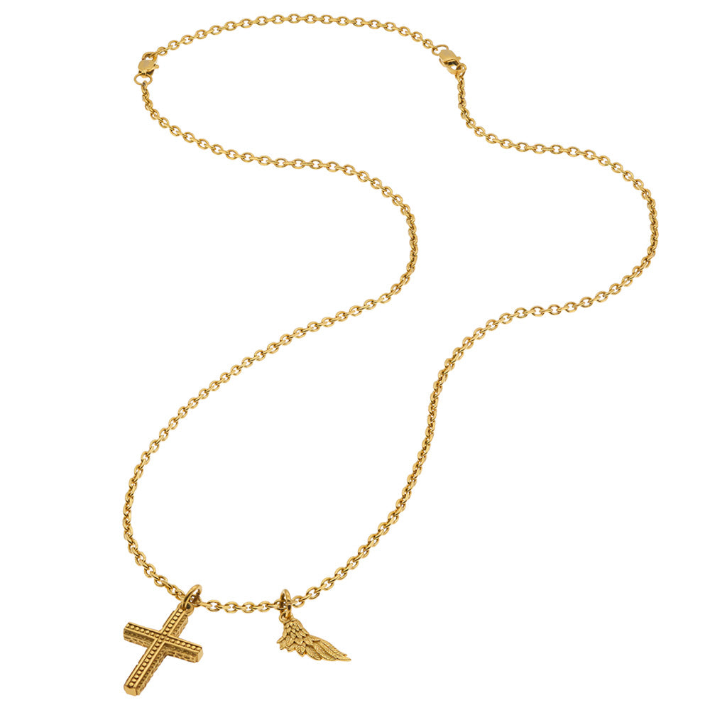 SAVE BRAVE FAITH CROSS & WING STAINLESS STEEL GOLD NECKLACE
