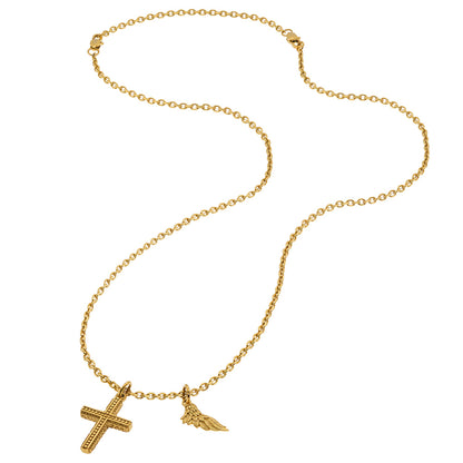 SAVE BRAVE FAITH CROSS & WING STAINLESS STEEL GOLD NECKLACE