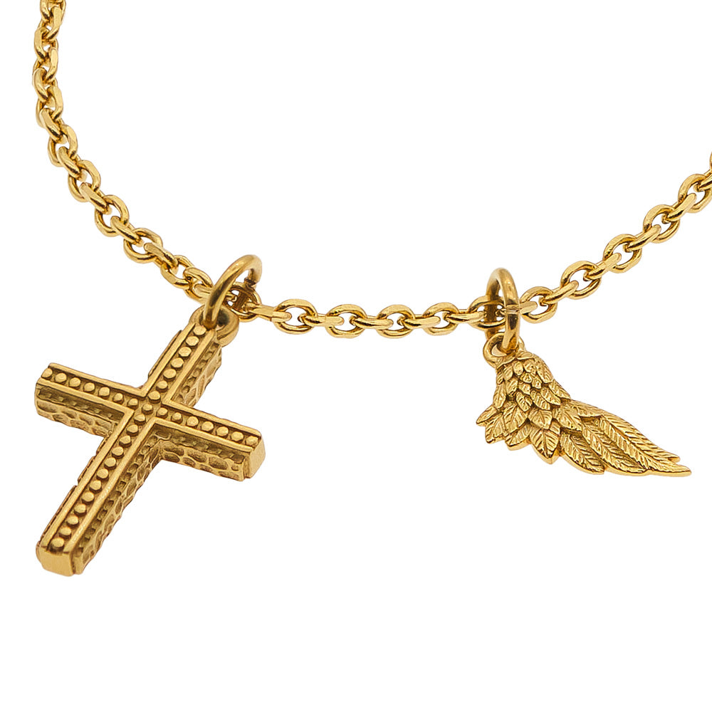 SAVE BRAVE FAITH CROSS & WING STAINLESS STEEL GOLD NECKLACE