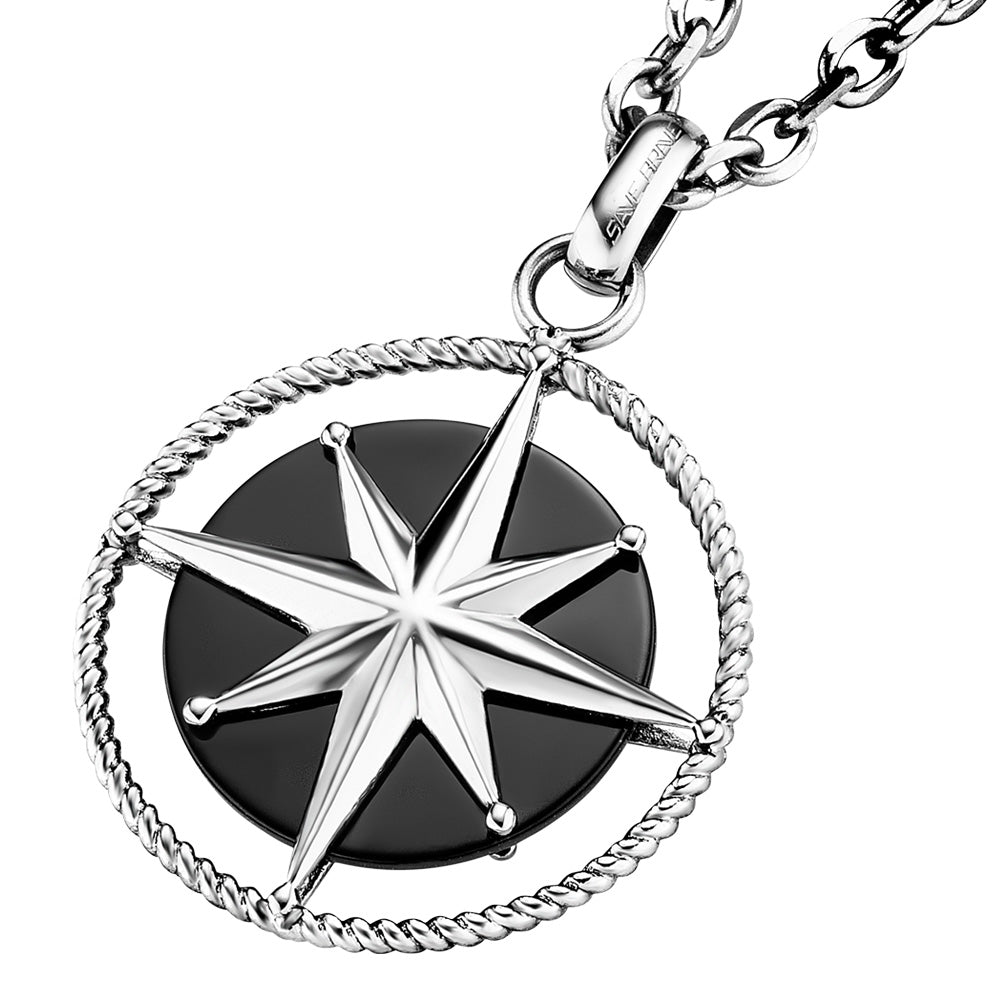 SAVE BRAVE NORTH STAR BLACK ONYX TALISMAN STEEL MEN'S NECKLACE