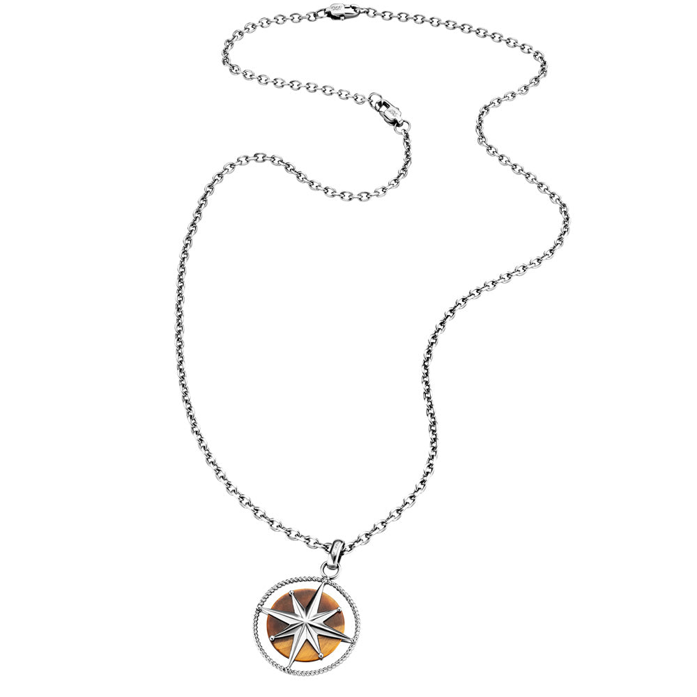 SAVE BRAVE NORTH STAR TIGER EYE TALISMAN STEEL MEN'S NECKLACE