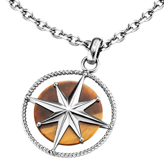 SAVE BRAVE NORTH STAR TIGER EYE TALISMAN STEEL MEN'S NECKLACE
